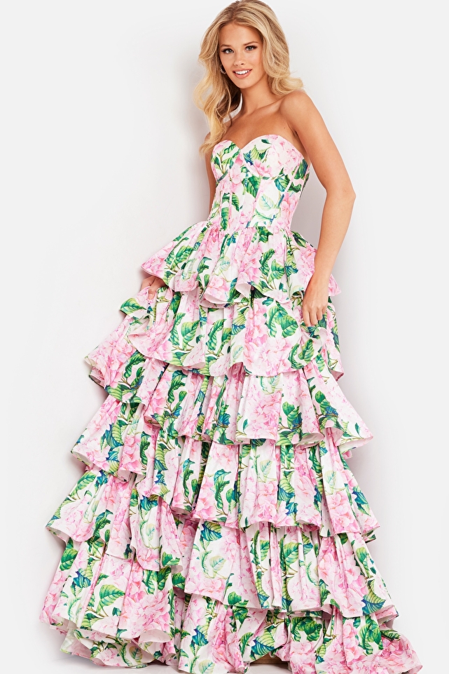 Floral Print Satin Strapless Gown JVN37058